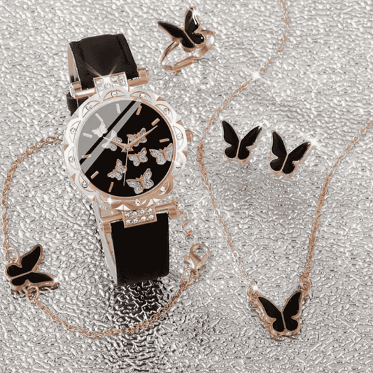 Full front view of watch combo set with butterfly locket, ring & earrings