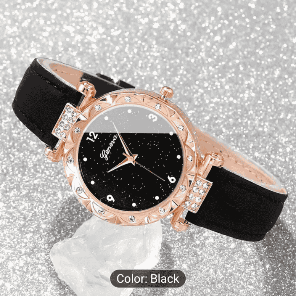Side front view of black leather strap watch
