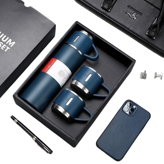 Upper left angle view of blue stainless flask