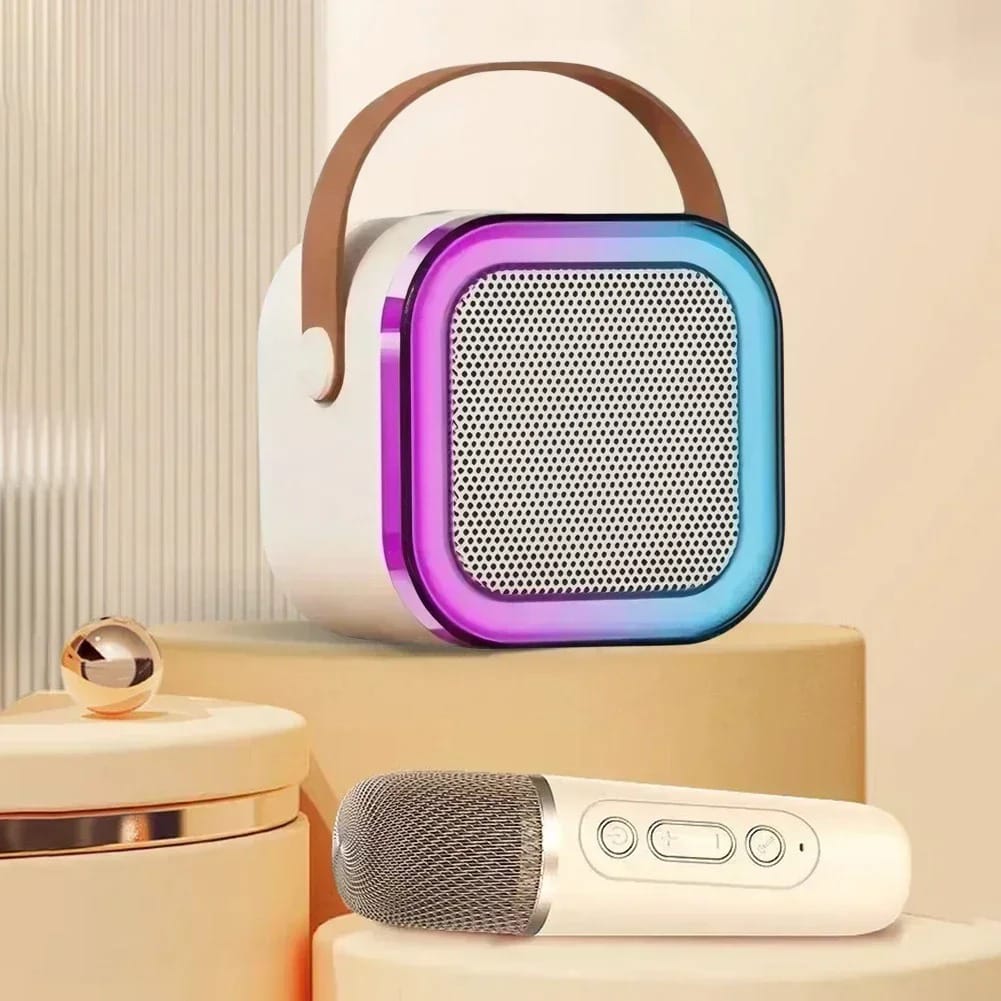 Side angle showing speaker and wireless mic
