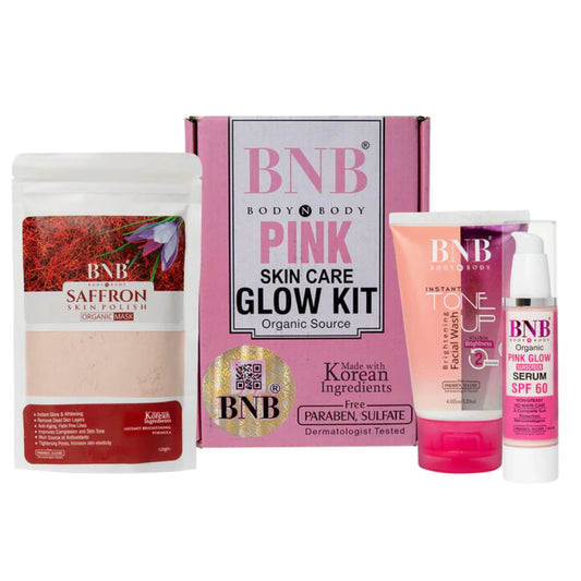 BNB Pink Skin Care Glow Kit with various skincare products on a white background