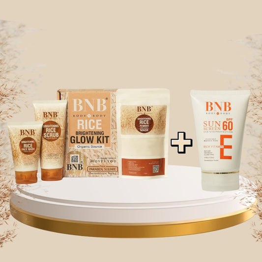 BNB skincare products including rice scrub, glow kit, and sunscreen on a decorative shelf.