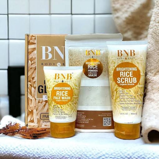 BNB Body & Beauty skincare products including face wash, mask, and scrub on a towel with tiled background.