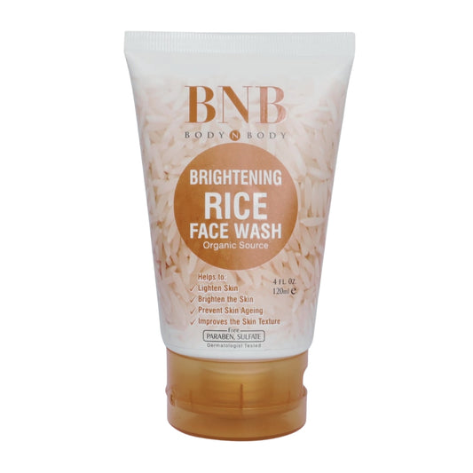 Tube of BNB Body & Body Brightening Rice Face Wash on a white background