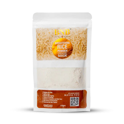 Packaged rice powder mask with visible branding on a white background
