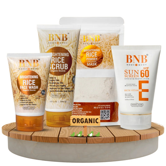 Collection of BNB skincare products including face wash, scrub, mask, and sunscreen on a wooden stand.
