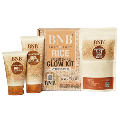 BNB Rice Brightening Glow Kit with face wash, scrub, and mask on a white background