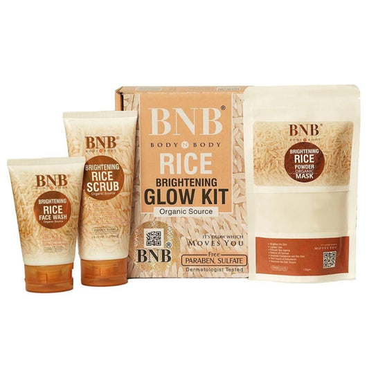 BNB Rice Brightening Glow Kit with face wash, scrub, and mask on a white background