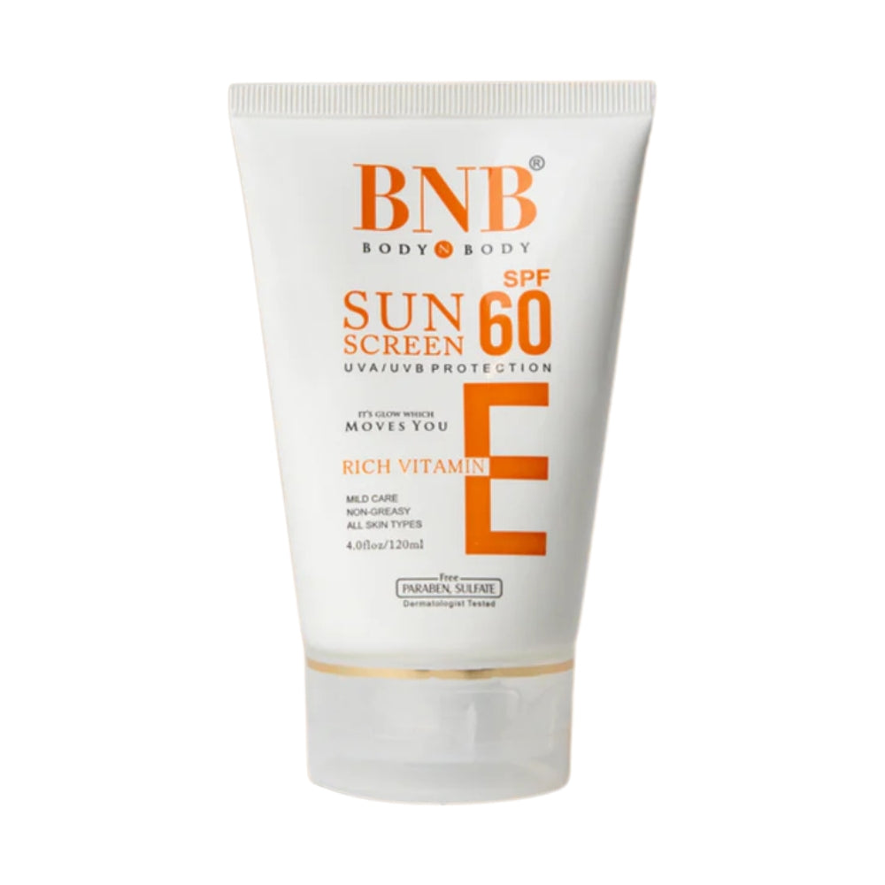 Sunscreen tube with BNB branding on a white background