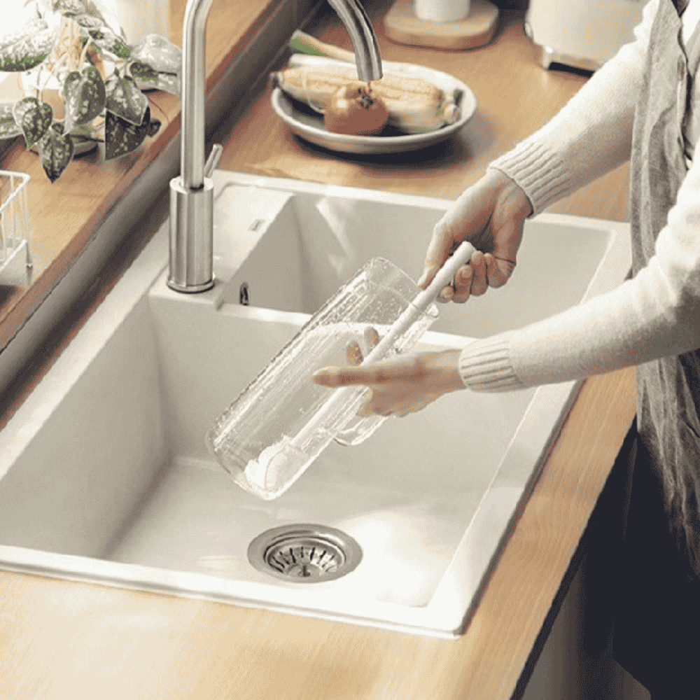 Silicone bottle brush used for cleaning in kitchen sink