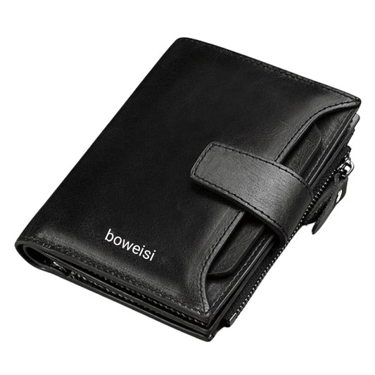 Front view of Boweisi black wallet showcasing design