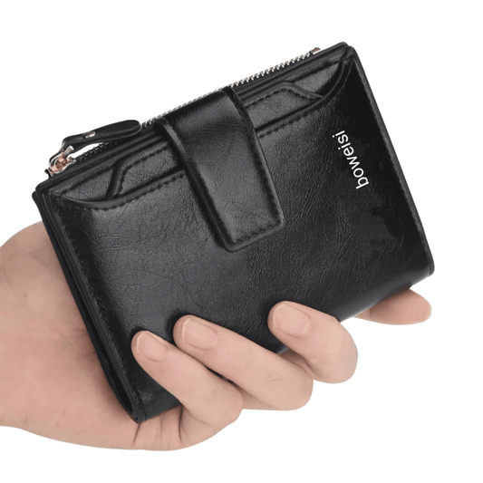 Angled smart view of Boweisi book-style black wallet