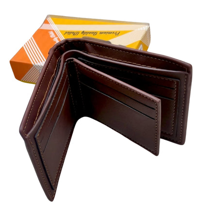 Brown leather wallet with a box in the background