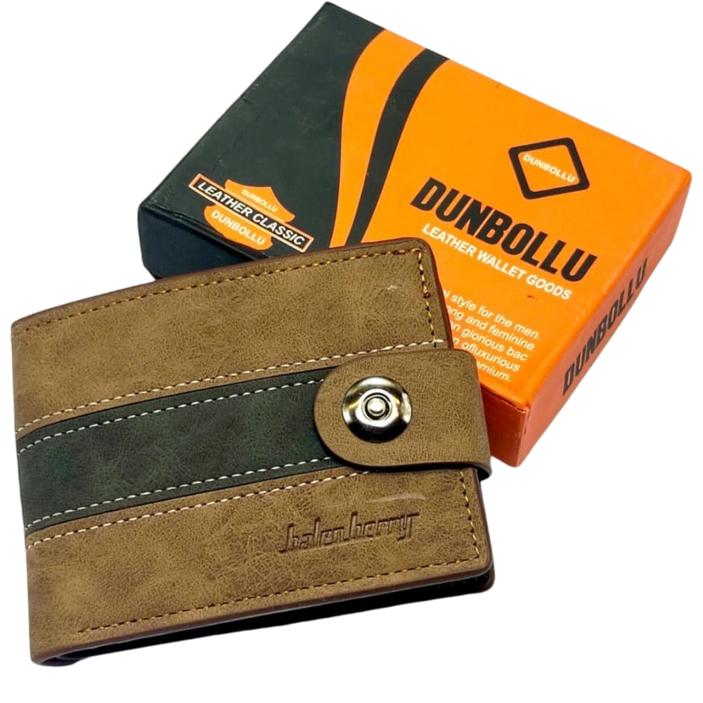 Brown leather wallet with black accent and Dunbollu branding, displayed with packaging.