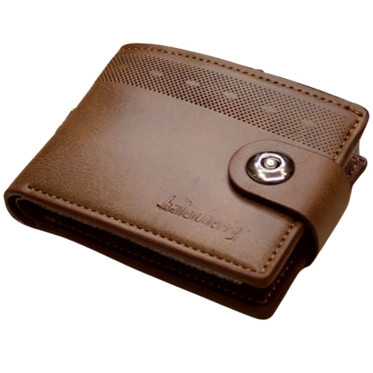 Brown leather wallet with a metallic clasp on a white background