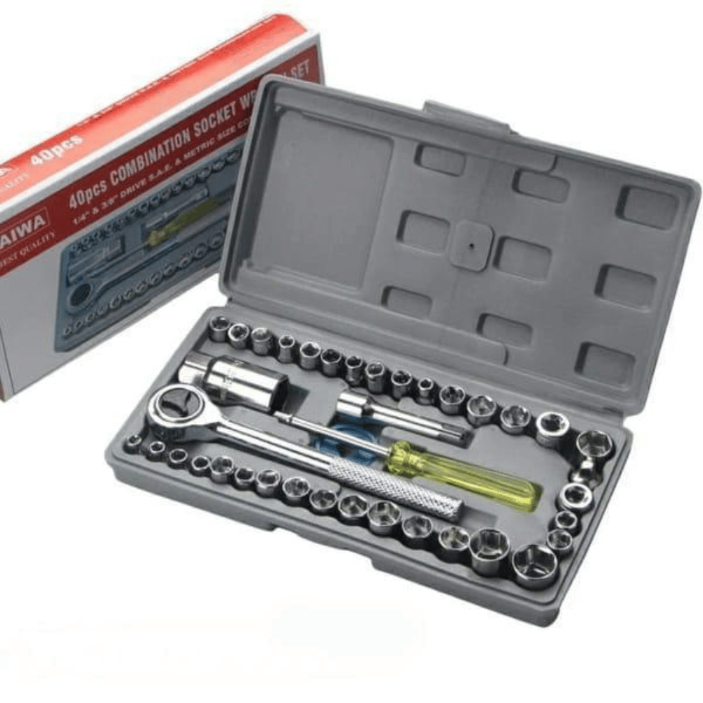 Open tool kit with various sockets and tools, showing the brand 'AIWA'.