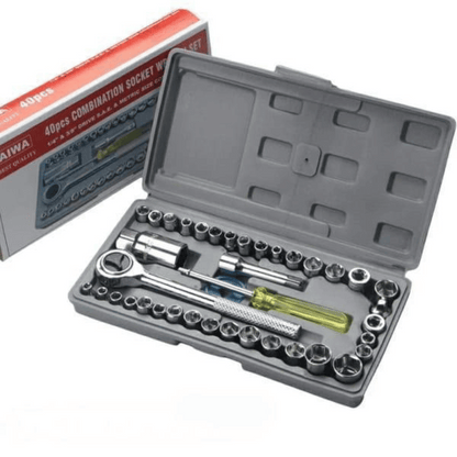 Open tool kit with various sockets and tools, showing the brand 'AIWA'.