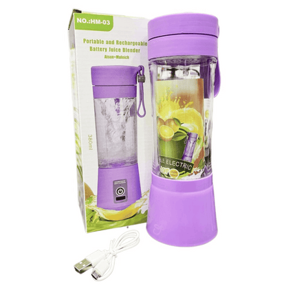 Purple portable juice blender with USB cable and packaging on a white background