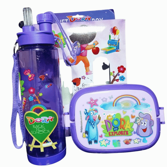 Purple water bottle and lunch box with Dora the Explorer design on a white background
