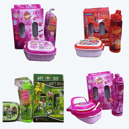 Collection of children's lunch boxes and bottles with various designs and branding.