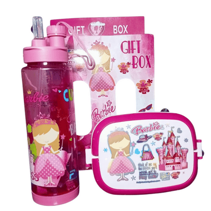 Barbie-themed water bottle, snack bag, and gift box on a white background
