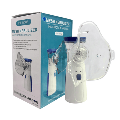 Mesh Nebulizer with its packaging and instruction manual on a white background
