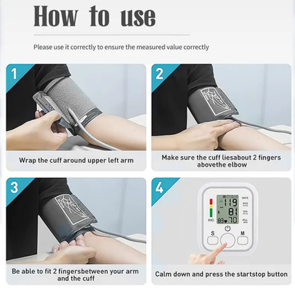 Instructions on how to use a blood pressure monitor with step-by-step guidance.