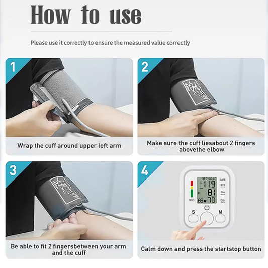 Instructions on how to use a blood pressure monitor with step-by-step guidance.