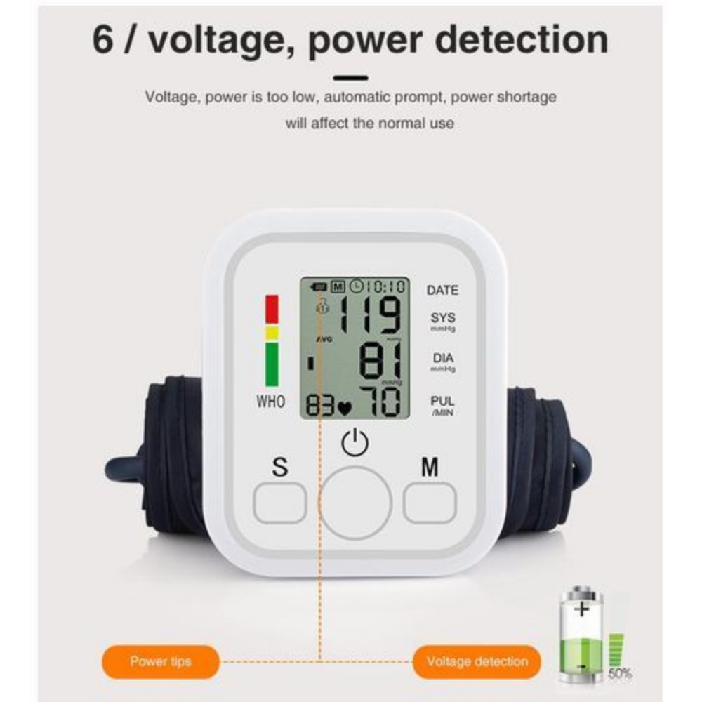 Digital blood pressure monitor with voltage and power detection features on a white background