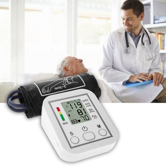 Digital blood pressure monitor with a doctor and patient in the background