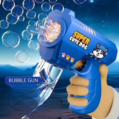 Blue bubble gun held in hand blowing bubbles