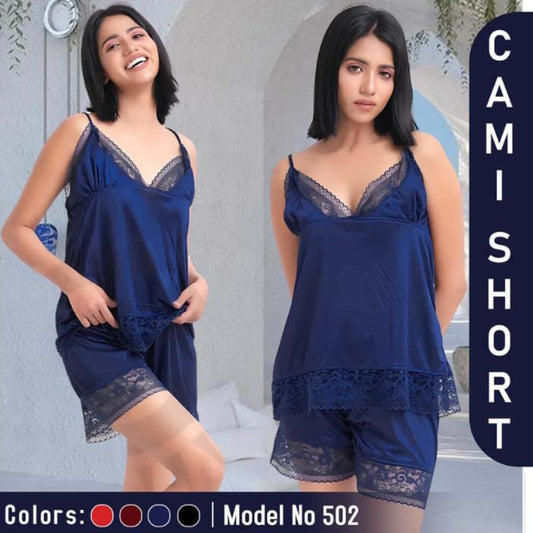 Woman wearing a navy blue lace camisole and shorts set with text indicating model number 502.