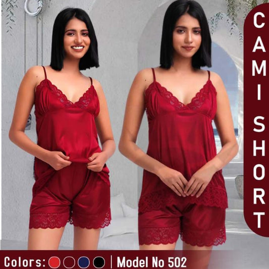 Woman wearing a red lace camisole and shorts set with text on the side.