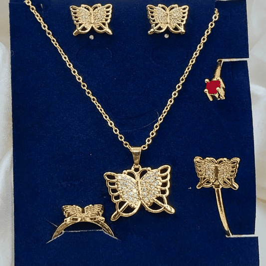 Full front view of gold plated locket set displayed on box