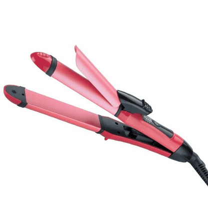 Red and black hair straightener on a white background
