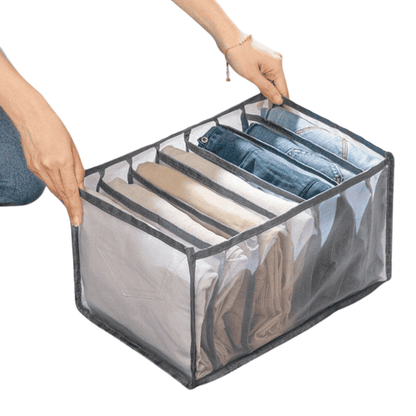 Front view of 7-grid foldable wardrobe clothes organizer
