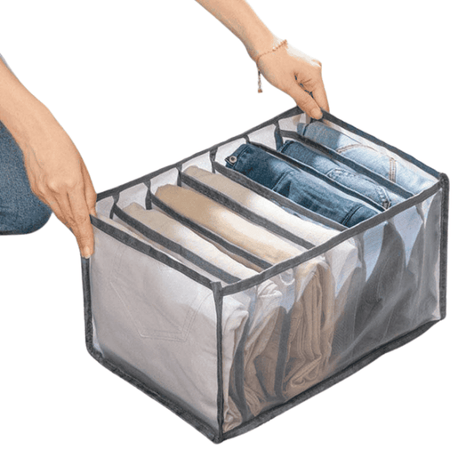 Front view of 7-grid foldable wardrobe clothes organizer