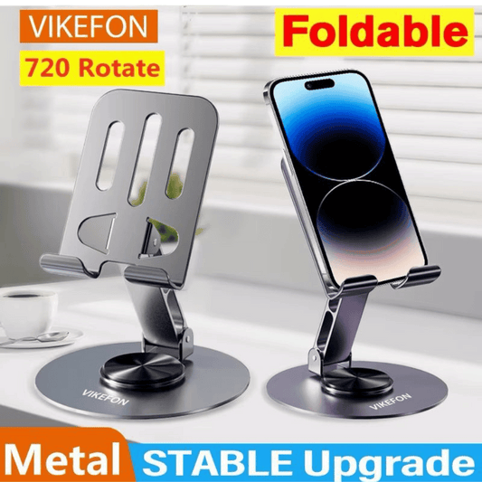VIKEFON foldable metal phone stand with smartphone on a desk