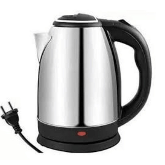 Stainless steel electric kettle with black handle on a white background