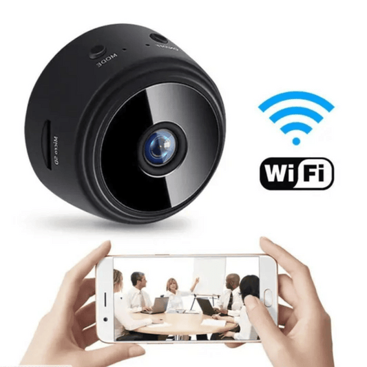 Small black camera with WiFi icons and a smartphone displaying a video call.