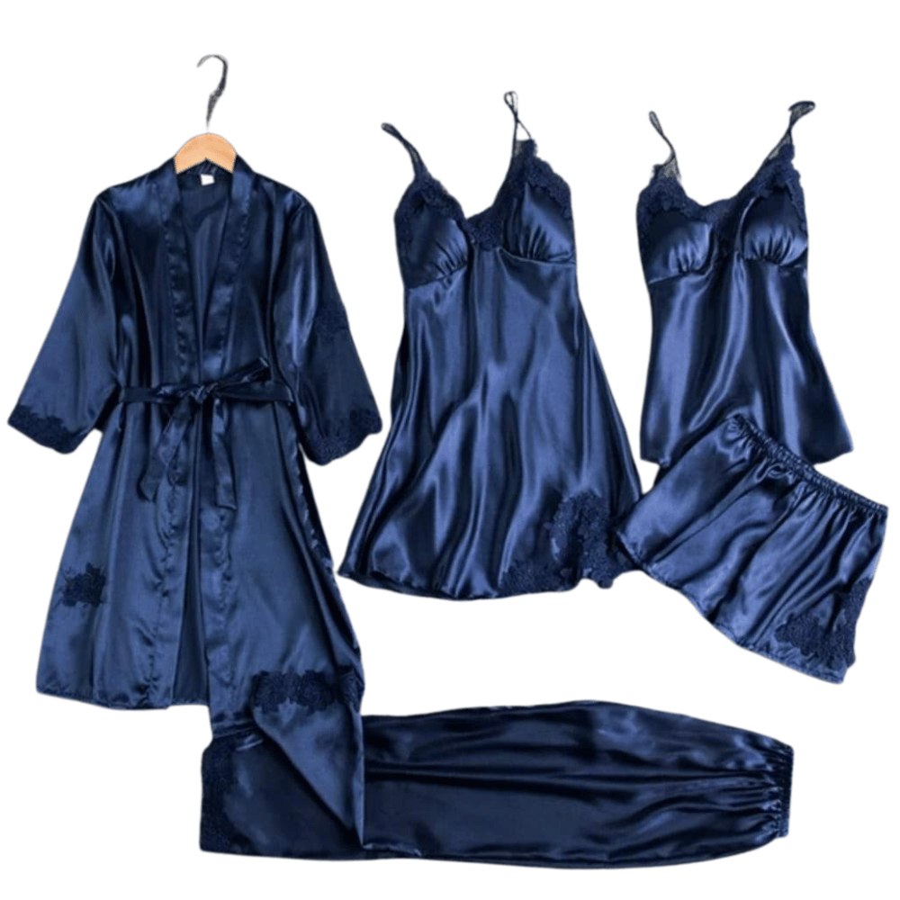 closeup-view-blue-color showing lace design and net texture of the nightwear set