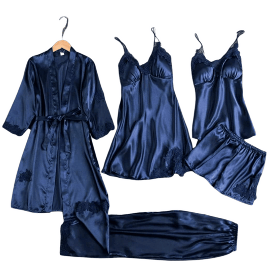 closeup-view-blue-color showing lace design and net texture of the nightwear set
