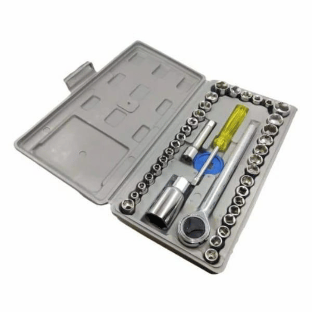 Mechanical tool set with various sockets and tools in an open gray case on a white background