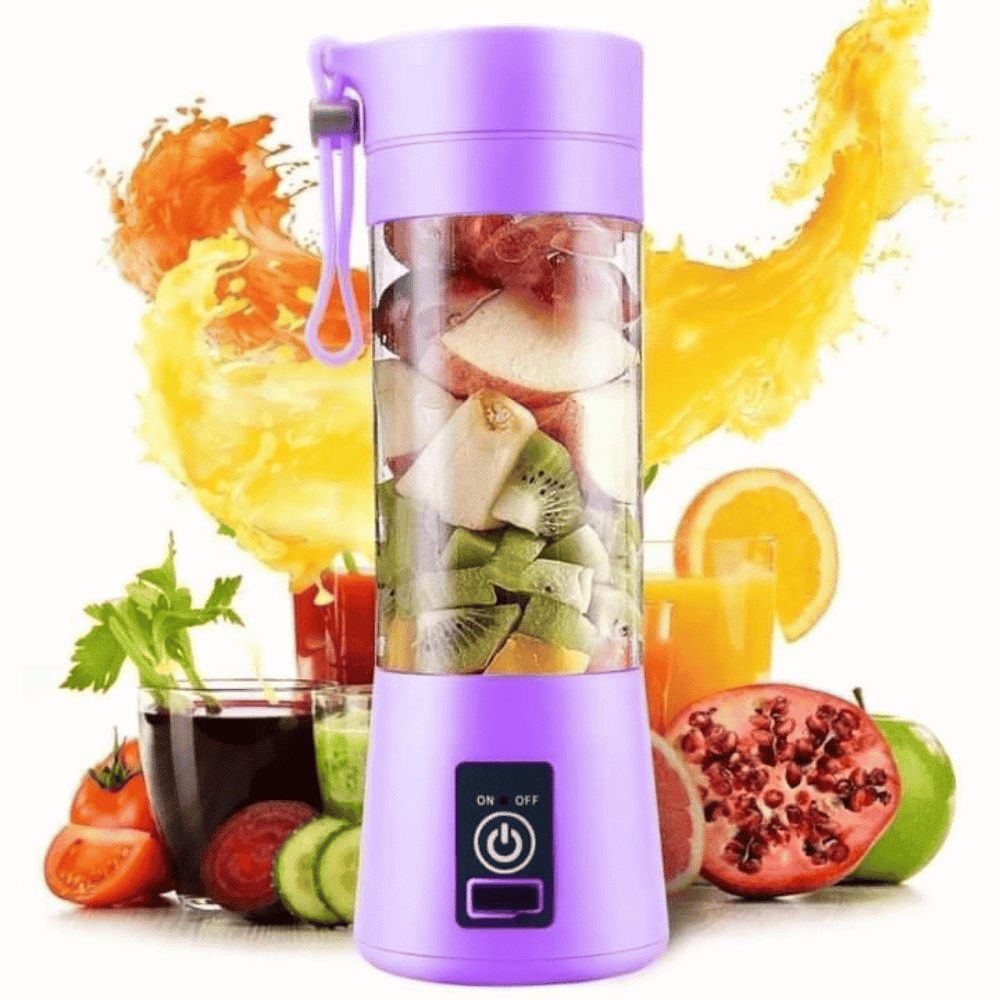 Purple portable blender with fruits and vegetables on a white background