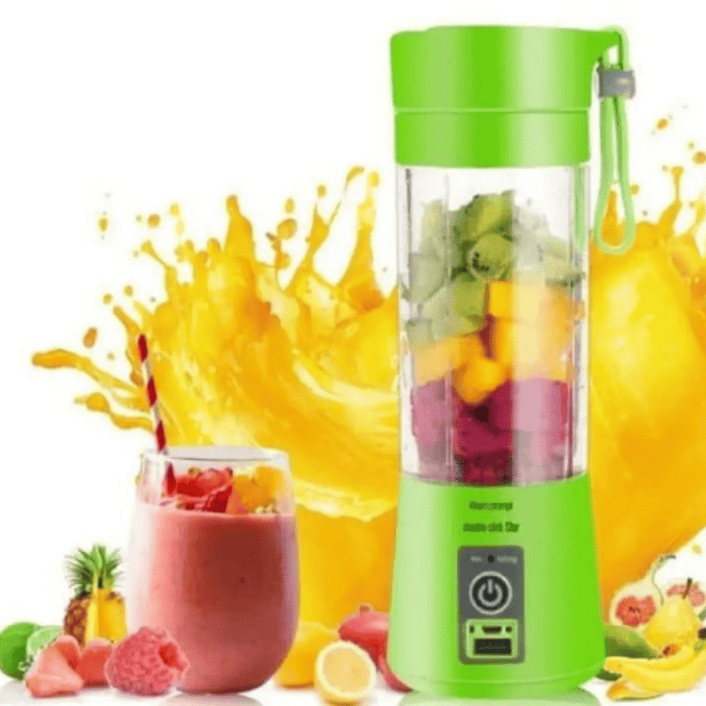 Green portable blender with fruits and a smoothie on a white background