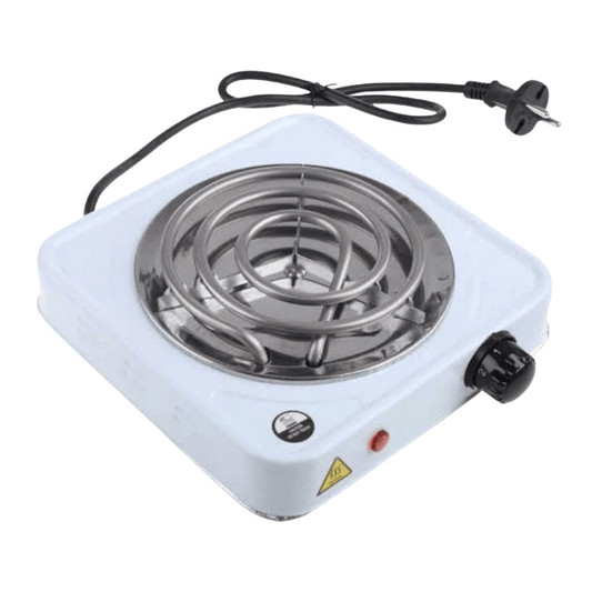 Small electric burner with metal coil on a white background