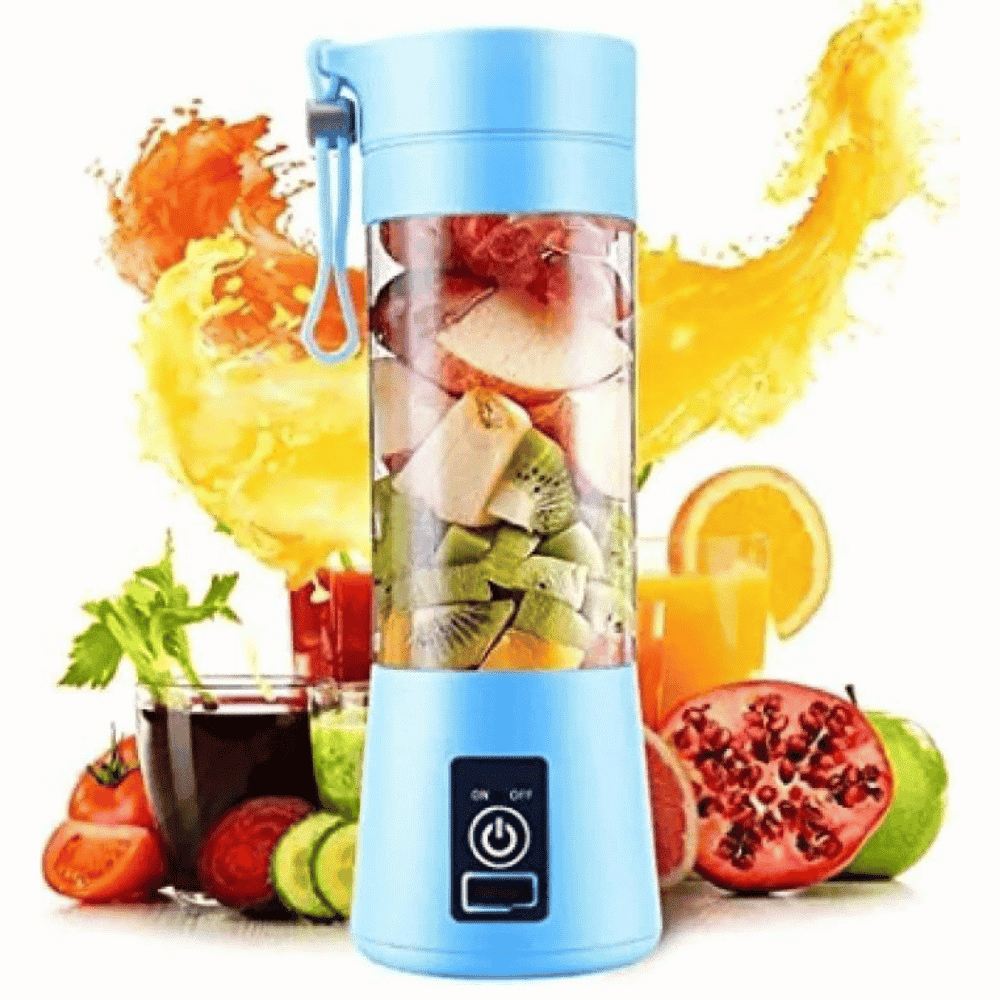 Blue portable blender with fruits and vegetables on a white background