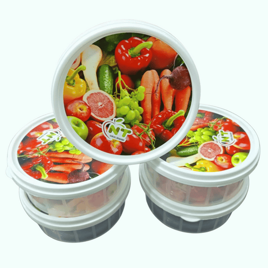Three containers with vegetable-themed lids on a white background