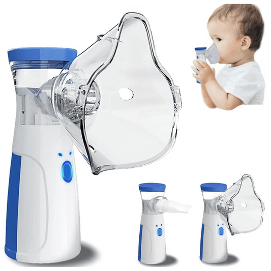 Inhaler device with clear mask and blue accents, shown with a child using it.