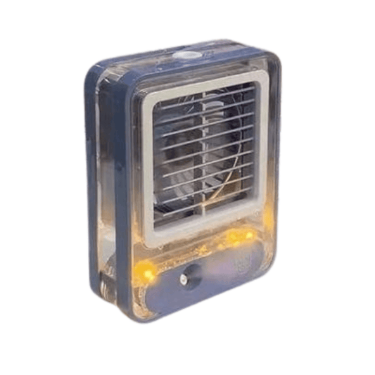 closeup-view showing mist spray and fan blades of the humidifying cooling fan